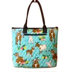 N. Gil Quilted Shoulder Tote Bag Goats Floral Print Zip Top Turquoise Vegan